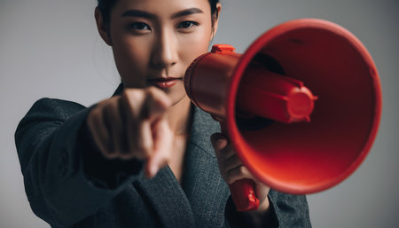A focused Asian woman with a megaphone points directly at the viewer, conveying a sense of urgency and determination in a studio setting.の素材