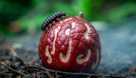 A close-up shot of a vibrant red fruit adorned with unique markings, featuring a millipede crawling across its surface in a natural setting.の素材