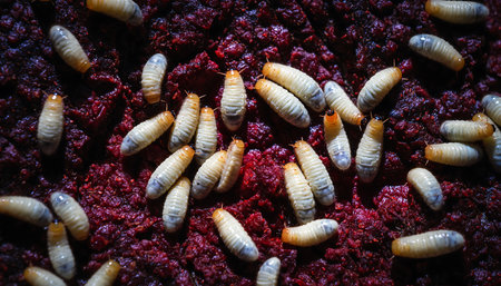 A detailed close-up showcasing maggot larvae on a red substrate, highlighting the natural processes of decomposition and the role of insects in the ecosystem.の素材
