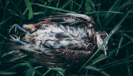 A dead bird lies in a bed of green grass, creating a poignant and somber wildlife scene. The image captures the fragility of life in nature.の素材