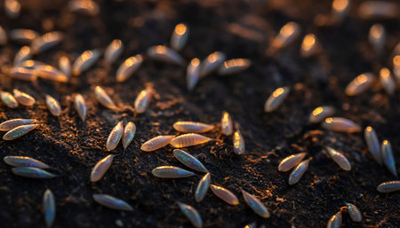 A detailed close-up captures a swarm of termite alates on a piece of wood, showcasing their delicate wings and intricate patterns.の素材