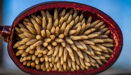 A detailed close-up of the interior of a curuba fruit, showcasing its unique arrangement of seeds and vibrant colors.の素材