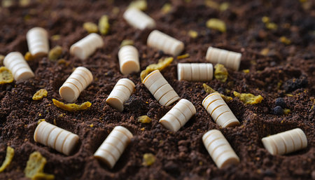 Close-up of numerous discarded cigarette butts scattered on the ground, highlighting the environmental pollution caused by improper disposal of smoking waste.の素材
