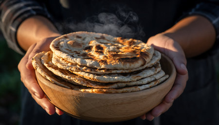 A person holds a wooden bowl filled with freshly baked flatbreads, steam rising from the warm stack, showcasing rustic homemade cuisine.の素材