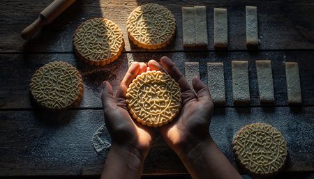 Overhead shot of hands holding round noodles, surrounded by soap bars on a rustic wooden surface, illuminated by natural light.の素材
