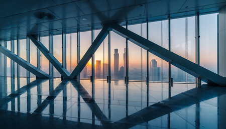 A view from inside a modern building, reflecting the city skyline at sunset through large glass windows and structural beams.の素材