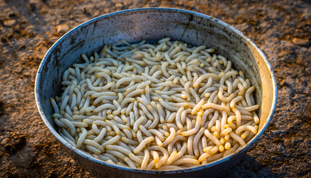 A close-up shot of maggots in a metal bowl, commonly used as fishing bait for angling and attracting fish.の素材
