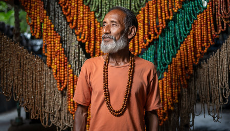 A man stands in front of colorful prayer beads in Nepal, wearing a traditional orange shirt and a beaded necklace.の素材