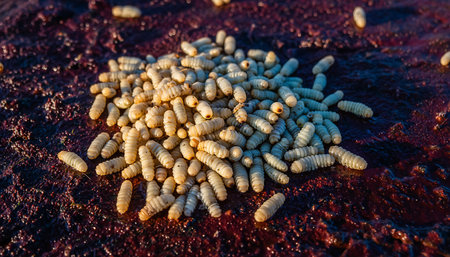 A close-up of a pile of termite eggs on a dark wood surface, illuminated by sunlight, showing the texture and detail of the eggs.の素材