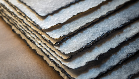 Close-up of a stack of handmade paper with deckle edges, showcasing the natural texture and organic feel of the material.の素材