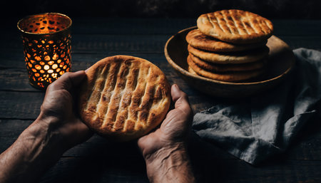 A pair of hands presents a freshly baked flatbread, with a stack of more flatbreads and a candle in the background.の素材