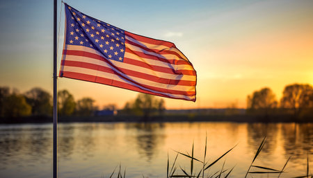 A vibrant American flag waves proudly against a stunning sunset backdrop over a tranquil lake, embodying patriotism and the spirit of the United States.の素材