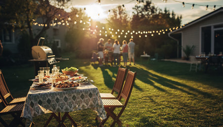A backyard barbecue party with friends and family enjoying the sunset, with a table set for dinner and string lights overhead.の素材