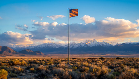 A vibrant American flag stands tall against the backdrop of the Nevada desert, with mountains and a cloudy sky enhancing the patriotic scene.の素材