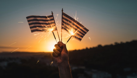 A hand holds sparklers and small American flags against a vibrant sunset, symbolizing celebration and patriotism on Independence Day.の素材