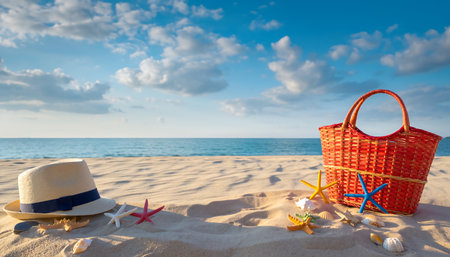 A serene beach scene featuring a hat, basket, and starfish on the sandy shore, perfect for relaxation and vacation vibes.の素材