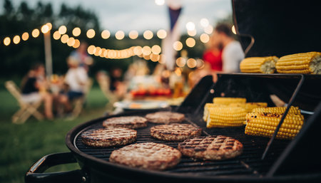 A backyard barbecue with burgers and corn on the cob grilling on a barbecue, with people and string lights in the background.の素材