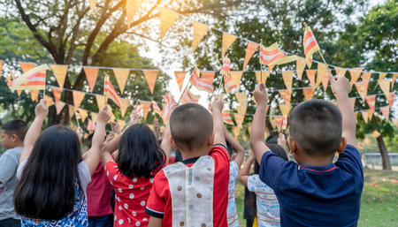 A group of children are seen from behind, holding flags and celebrating at an outdoor event with festive decorations in the background.の素材