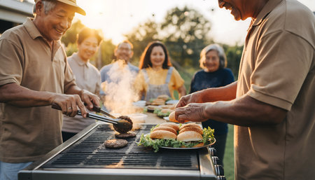 A group of family members are gathered around a barbecue grill, cooking burgers and enjoying each others company in a backyard setting.の素材
