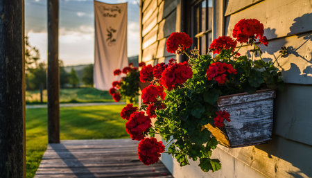 A picturesque countryside cottage adorned with a window box overflowing with vibrant red geraniums, capturing the essence of rural charm and tranquility.の素材