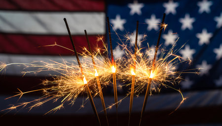 A vibrant display of sparklers against the backdrop of the American flag, symbolizing celebration and patriotism.の素材