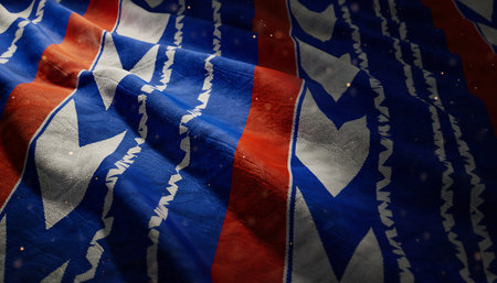 A close-up of a colorful textile featuring geometric patterns in blue, red, and white, creating a dynamic and eye-catching design.の素材