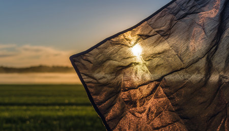 A close-up shot capturing the suns rays filtering through a piece of fabric, set against a backdrop of a serene landscape at sunset.の素材