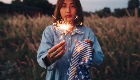 A young woman celebrates with a sparkler and an American flag in a field at dusk, embodying freedom and patriotism.の素材