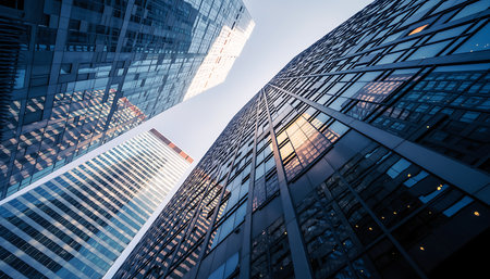 A low angle view of modern skyscrapers in a city, showcasing the impressive architecture and design of urban buildings.の素材
