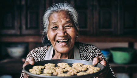 A happy elderly woman proudly presents a tray of freshly baked cookies, her face beaming with warmth and affection.の素材