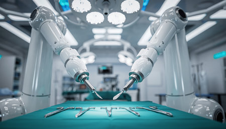 A cutting-edge operating room featuring robotic surgical arms, highlighting the precision and innovation in modern medical technology.の素材