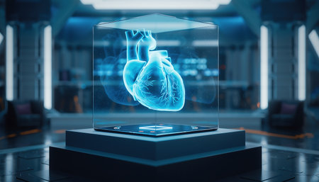 A detailed hologram of a human heart floats above a platform in a futuristic medical research laboratory, symbolizing advanced technology.の素材