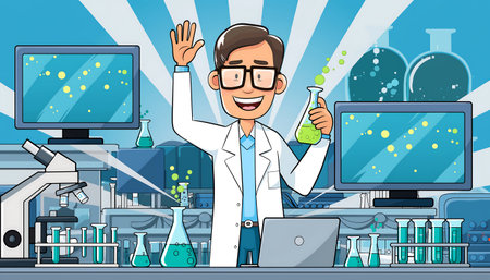 A cheerful scientist in a lab coat celebrates a successful experiment, holding a flask with green liquid, surrounded by lab equipment.の素材