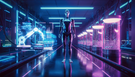 A sleek robot stands in a vibrant, neon-lit corridor, embodying the fusion of technology and futuristic design. A captivating scene of innovation.の素材