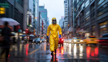 A person wearing a yellow hazmat suit walks down a city street during a pandemic, reflecting the challenges of urban life during a health crisis.の素材