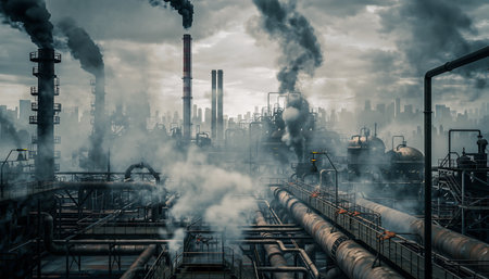 A stark image depicting industrial pollution with smoke billowing from factories, highlighting the environmental impact of industrial activities.の素材