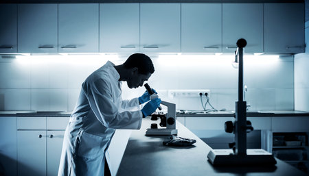 A scientist in a lab coat is intensely focused on research, using a microscope to examine samples in a modern laboratory setting.の素材
