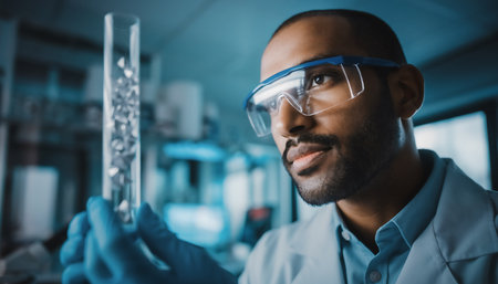 A scientist wearing safety glasses and gloves intently examines the contents of a test tube in a modern laboratory.の素材