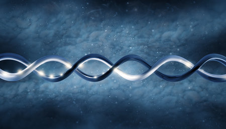 A digitally rendered abstract DNA helix structure against a textured blue background, symbolizing science, technology, and genetic research.の素材