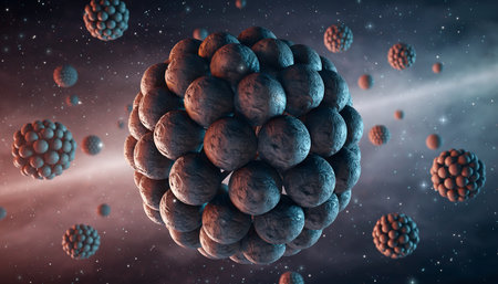 A captivating visualization of abstract spherical structures floating in a cosmic environment, ideal for science, technology, and educational projects. High-quality rendering.の素材