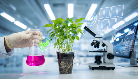 A scientist in a lab setting conducts research on plant growth, using scientific equipment to study and analyze plant development and health.の素材