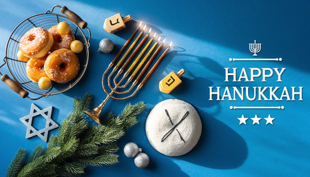 Jewish holiday Hanukkah background with traditional symbols (spinning top)の素材