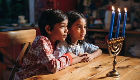 Two little girls celebrating Hanukkah with menorah and candlesの素材