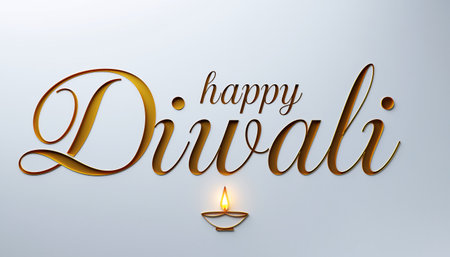 A festive image featuring golden Happy Diwali text above a traditionally lit diya lamp, perfect for holiday greetings and celebrations.の素材