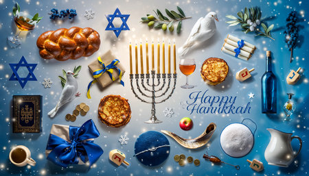 A vibrant Hanukkah display featuring a menorah, dreidels, gifts, and traditional foods, celebrating the Festival of Lights with joy and abundance.の素材