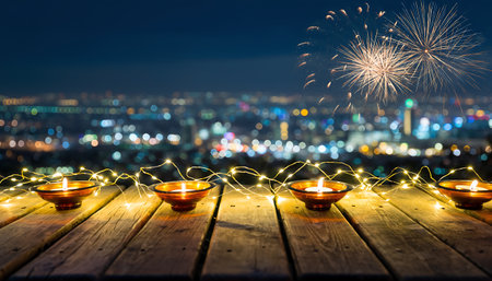 Diwali celebration with traditional oil lamps on a wooden surface, city lights and fireworks in the background, creating a festive atmosphere.の素材