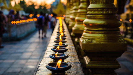 A row of small oil lamps illuminates the base of golden pillars at Shwedagon Pagoda in Yangon, Myanmar, creating a peaceful and spiritual atmosphere.の素材