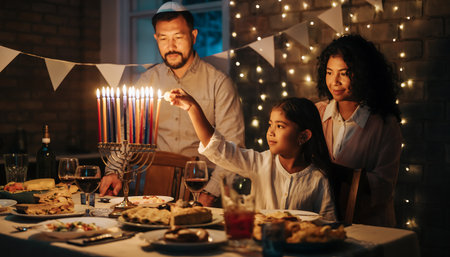 Happy family celebrating Hanukkah with menorah and candles.の素材