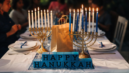 A festive Hanukkah table setting with lit menorahs, plates, and decorations, creating a warm and celebratory atmosphere for the holiday.の素材