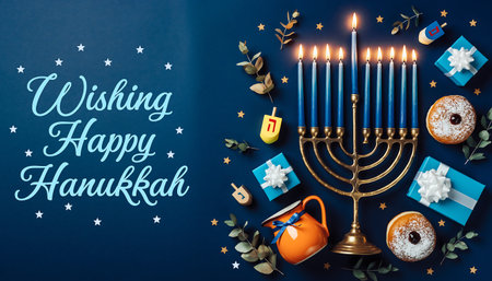 Festive Hanukkah image featuring a lit menorah, delicious donuts, and beautifully wrapped gifts against a deep blue backdrop, perfect for holiday greetings.の素材